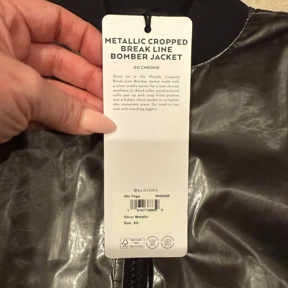 Retired Alo Yoga Metallic Cropped Break Line Bomber Jacket XS Silver Chrome NWT